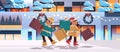 elves with purchases preparing for new year and christmas holidays celebration santa helpers holding shopping boxes Royalty Free Stock Photo