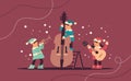 elves in uniform with musical instruments santa helpers team playing guitar and trumpet happy new year christmas
