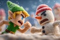 Elves versus snowmen in festive snowball fight Royalty Free Stock Photo