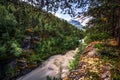 Elveseter - July 29, 2018: Raging river near the Elveseter hotel outdoors resort, Norway