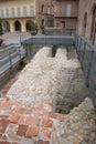 Elvio Pertinace Square. Cityscape of Alba, Piedmont - Italy. Remains of Roman walls