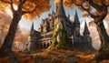 elvish castle in autumn forest with massive trees and extremely intricate