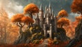 elvish castle in autumn forest with massive trees and extremely intricate