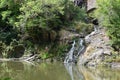 Roes, Germany - 08 16 2022: Elz waterfall with the lake below Royalty Free Stock Photo