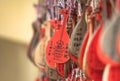 Ema votive plaques in shape of Japanese Biwa instrument in Kaneiji temple.