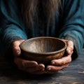 Emaciated hands hold an empty bowl against wood, depicting the reality of hunger