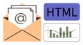 Email Communication, HTML Coding, and Data Analytics Concept with Envelope, HTML Tag, and Graph Icons Royalty Free Stock Photo