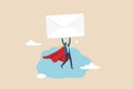 Email communication, marketing campaign from subscription, sending message or information concept, businessman superhero carrying