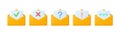 Email 3d letters yellow envelopes icons. Office messages in letter, plastiline envelope with paper sheet. Question and