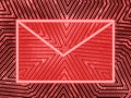 Email envelope on red binary code background. Phishing hacker attack
