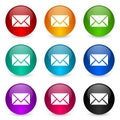 Email, envelope vector icons, set of colorful glossy 3d rendering ball buttons in 9 color options