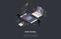 Email Hacking Conceptual Art On Dark Background. Vector Illustration In Cartoon 3D Style, Isometric Design. Hackers Team