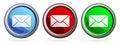 Email icon. Envelope Mail services. Blue, Red and Green silver metallic web buttons Royalty Free Stock Photo