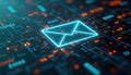 Email icon glows with binary code. Email symbol highlighted on circuit board background. Digital data streams. Electronic Royalty Free Stock Photo