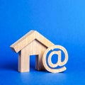 Email icon and house. Contacts for business, home page, home address. communication on Internet. Internet and global communication Royalty Free Stock Photo