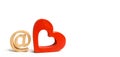 Email icon and red wooden heart. Internet dating concept. Love online. Search for the second half. Familiarity in social networks