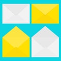 Email icon. White and yellow paper envelope set. Letter template. New message sign symbol. Unread notification. Flat design. Blue Royalty Free Stock Photo