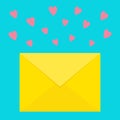 Email icon. Yellow paper envelope. Love letter template with pink flying hearts. New message sign symbol. Unread notification. Fla