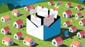 Email inbox transforming into vibrant landscape with interactive elements.