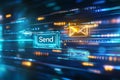 Email interface with a clicked Send button and progress bar showing successful delivery