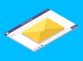 Email isometric window. Send mail in browser. Template message with interface. 3d newsletter for marketing. Envelope mockup with