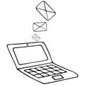 Email and laptop. Letters in an envelope. Vector illustration. Contour on an isolated white background. Doodle style. Sketch. Royalty Free Stock Photo