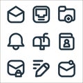 email line icons. linear set. quality vector line set such as email, writing, safe mail, contact, mailbox, bell, folder, inbox Royalty Free Stock Photo