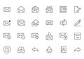 Email line icons set. Letter, spam mail, open envelope, postage stamp, mailbox, new document minimal vector
