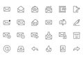 Email line icons set. Letter, spam mail, open envelope, postage stamp, mailbox, new document minimal vector