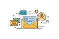 Email management illustrations with opened envelopes, message notifications, and digital correspondence tools in vector art style