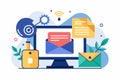 Email marketing campaign flat design with computer, messages, and creative elements representing online communication strategies Royalty Free Stock Photo