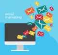 Email marketing concept with a computer and flying letters from it