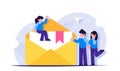 Email marketing concept. People stand near an open letter with a paper document inside. Modern flat vector illustration.