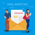 Email marketing concept vector illustration. Business people using devices standing near a large open letter with Royalty Free Stock Photo