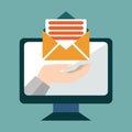 Email marketing conceptual, Hand from a monitor screen holding e-mail letter, Vector illustration.
