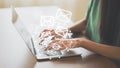 Hand of woman using computer laptop and sending online message with email icon Royalty Free Stock Photo