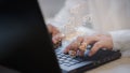 Man`s hand using computer laptop and sending online message with email icon Royalty Free Stock Photo