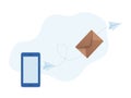 Email marketing vector illustration concept. Closed envelope and paper planes flying from the phone. Royalty Free Stock Photo