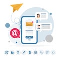 Email message, Infographic, Working process, Social network, Searching mail, New incoming message, Mail sending. Flat email