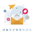 Email message, Infographic, Working process, Social network, Searching mail, New incoming message, Mail sending. Flat email