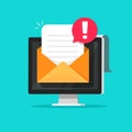 Email message with spam or error alert vector illustration, flat cartoon computer screen envelope letter document with