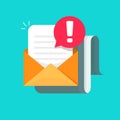 Email message with warning alert icon vector illustration, flat cartoon envelope mail with document and exclamation Royalty Free Stock Photo