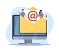 Email messaging. People exchange online letters form of paper airplanes, yellow envelope on computer screen, internet Royalty Free Stock Photo
