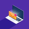 Email notification concept. New email on the laptop screen. Vector illustration in isometric style. Royalty Free Stock Photo