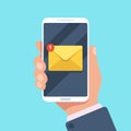 Email notification on smartphone in hand. New mail message in inbox, mailing letters or reading sms on mobile phone Royalty Free Stock Photo