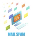 Email spam. Isometric computer with a lot of mail messages, vector illustration. Phishing attack.