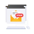 Email spamming attack. Email box hacking, spam warning.