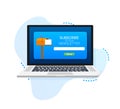 Email subscribe on laptop screen, online newsletter vector template with mailbox and submit button. Vector stock Royalty Free Stock Photo