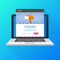 Email subscribe, online newsletter vector template with mailbox and submit button on laptop screen. Royalty Free Stock Photo