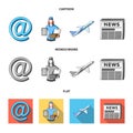 Email symbol, courier with parcel, postal airplane, pack of newspapers.Mail and postman set collection icons in cartoon